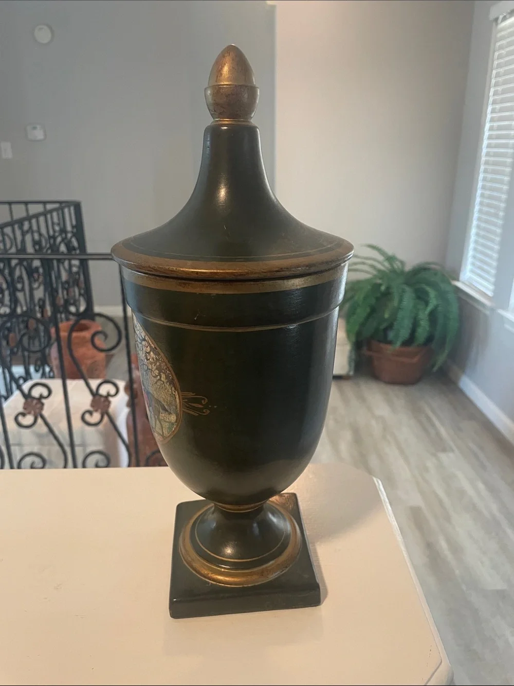 Vintage Hunter Themed Dark Green & Gold Lidded Urn - Home Accent - Picture 5 of 10